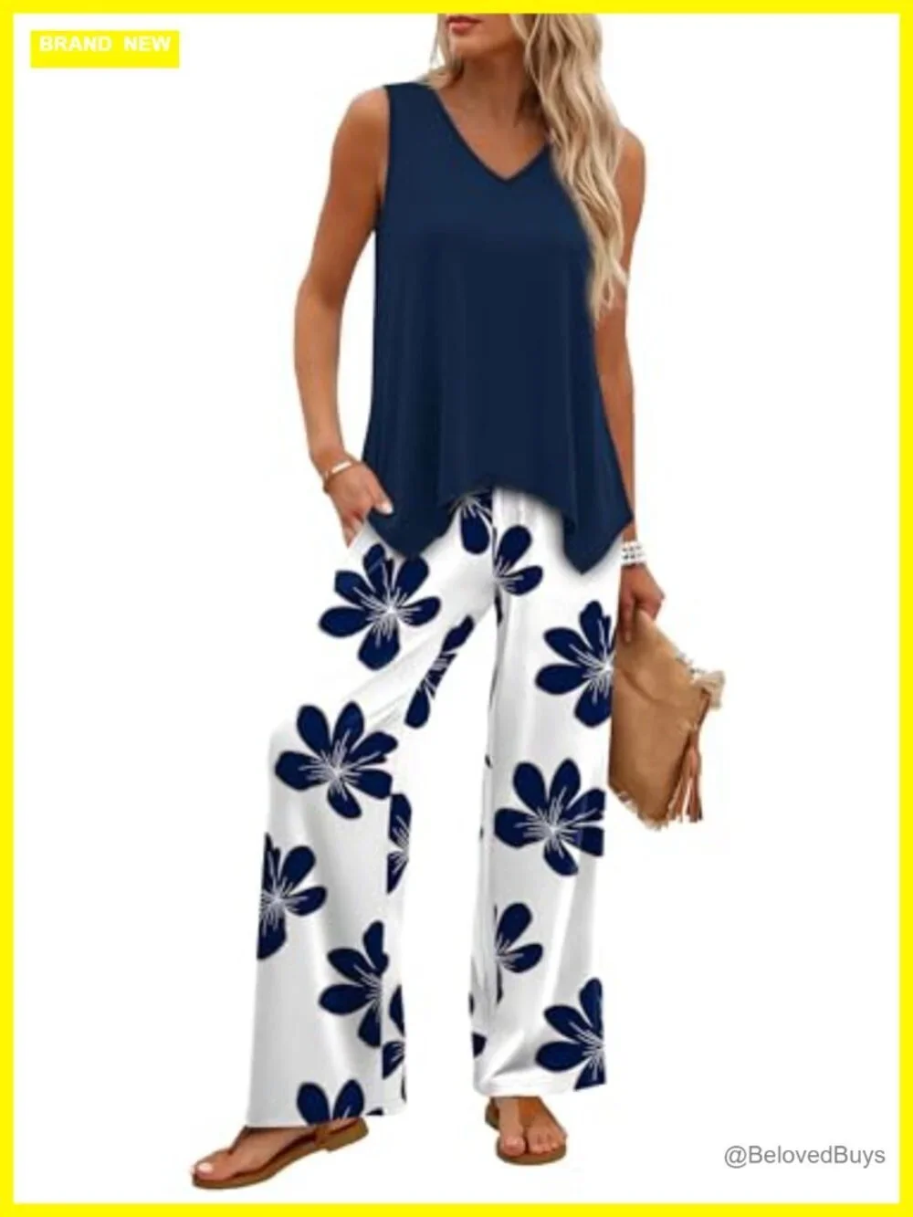 Two Piece Lounge Set - V-Neck Tank & Wide Leg Pants, Soft Polyester Blend